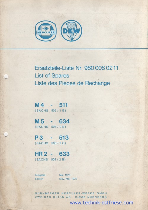 Hercules/DKW M4, M5, P3, HR2 - Ersatzteile-Liste
