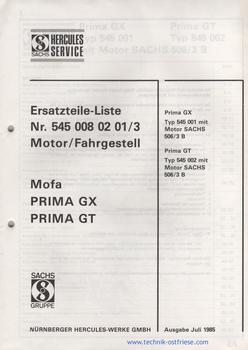Hercules Prima GX GT Ersatzteile-Liste
